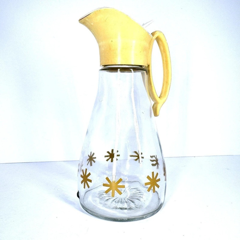 Vintage Pyrex Atomic Sun Starburst Glass Carafe Pitcher Yellow Lid MCM